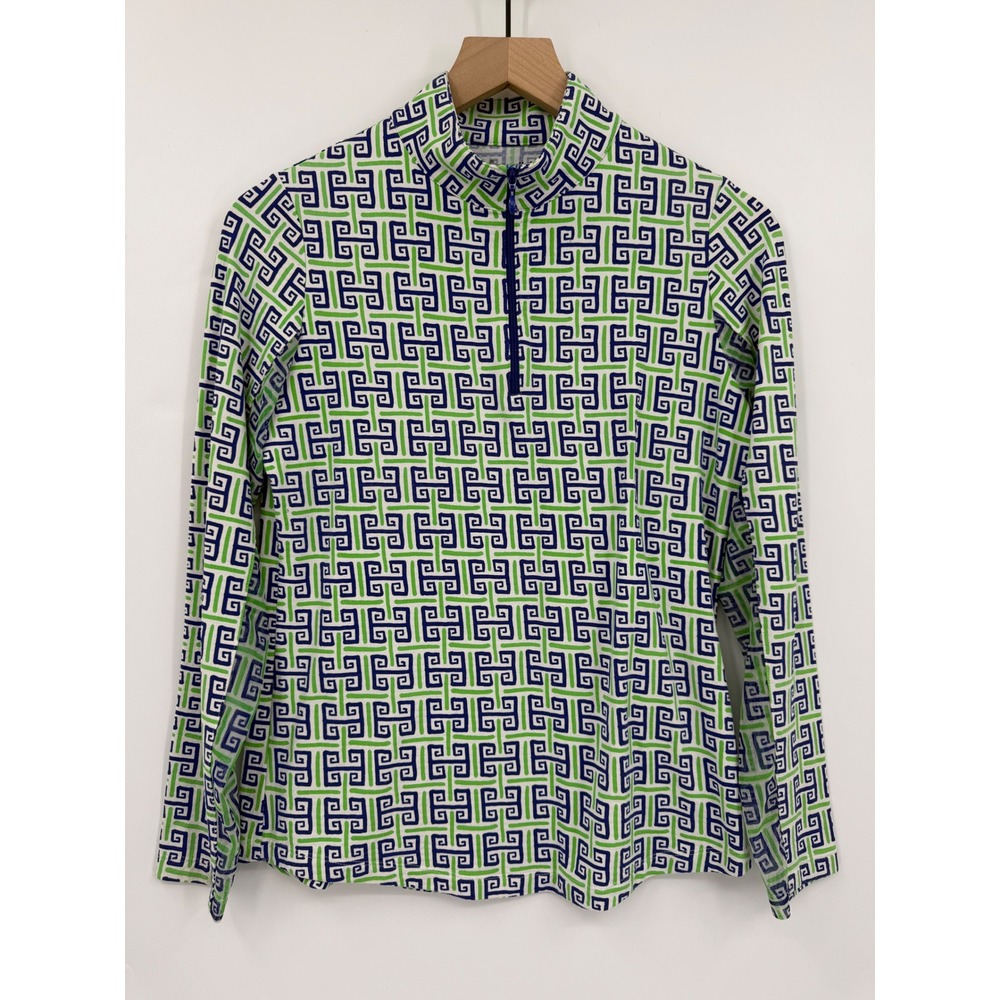 IBKUL Shirt Women Small Green Blue Sun Protection 1/4 Zip Mesh Vacation Beach